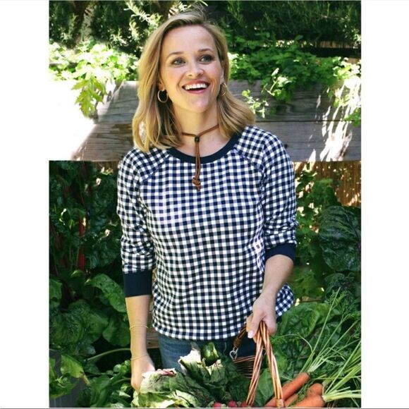 Draper James Natalie Navy Plaid Check Gingham Crew neck Pullover Sweatshirt - Picture 1 of 12